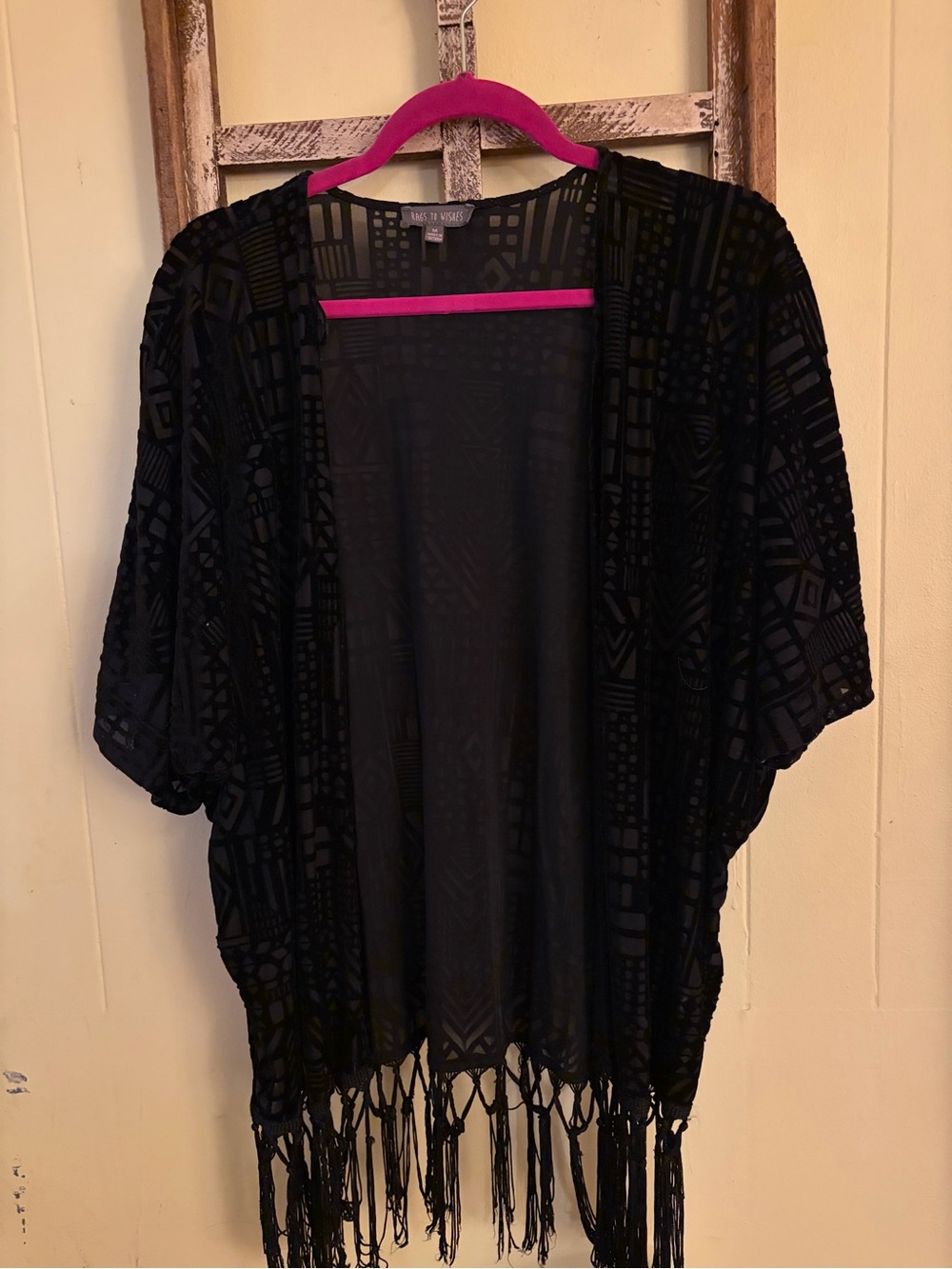 Black Open-Front Fringe Kimono Shrug